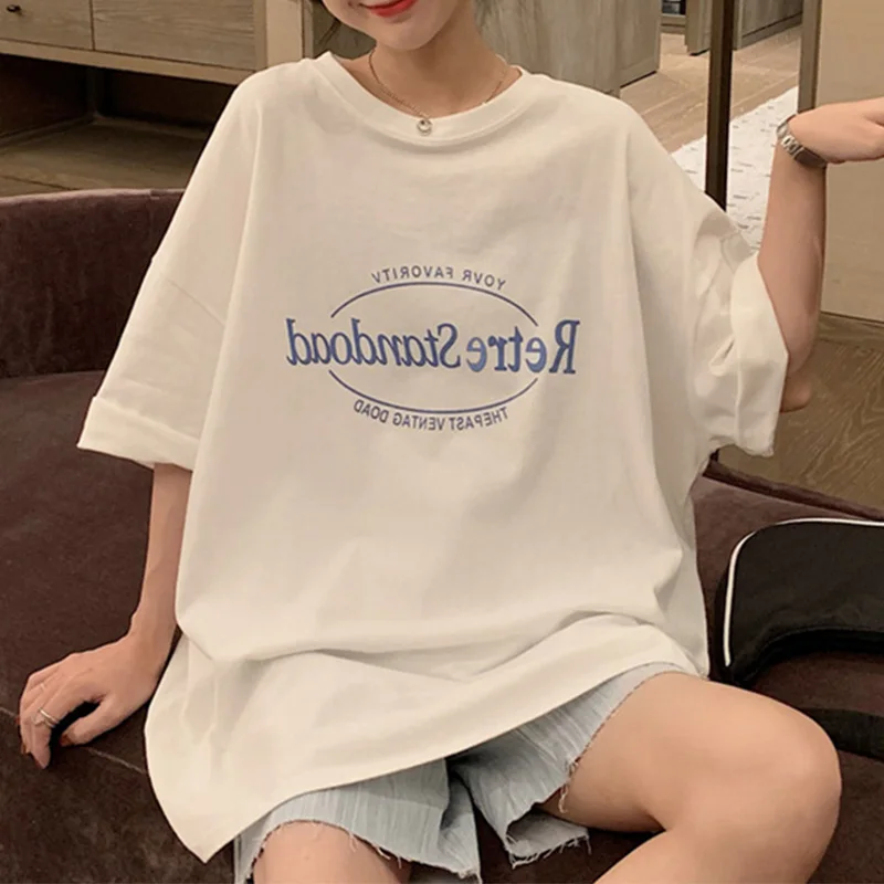 Short Sleeve Pink Women T Shirts 2024 New Summer Korean Style Loose Casual Tops Tees Streetwear Letter Printed Female T-shirt