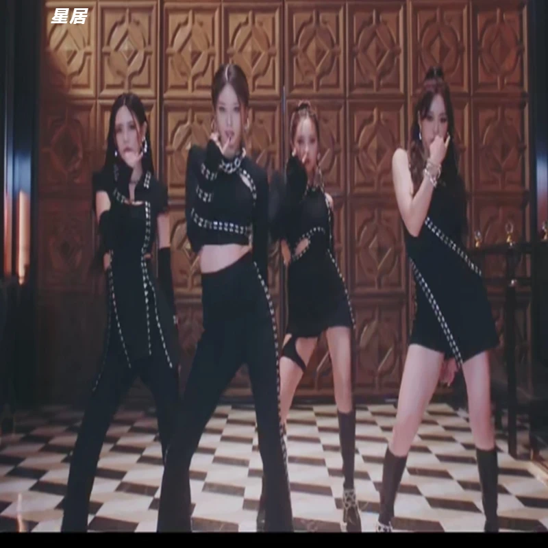 Nuovo Kpop Coreano Jazz Dance Outfit Donna Gruppo Pantaloni a vita alta sexy Concerto Palcoscenico Dancewear Discoteca Slim Manica lunga Crop Top