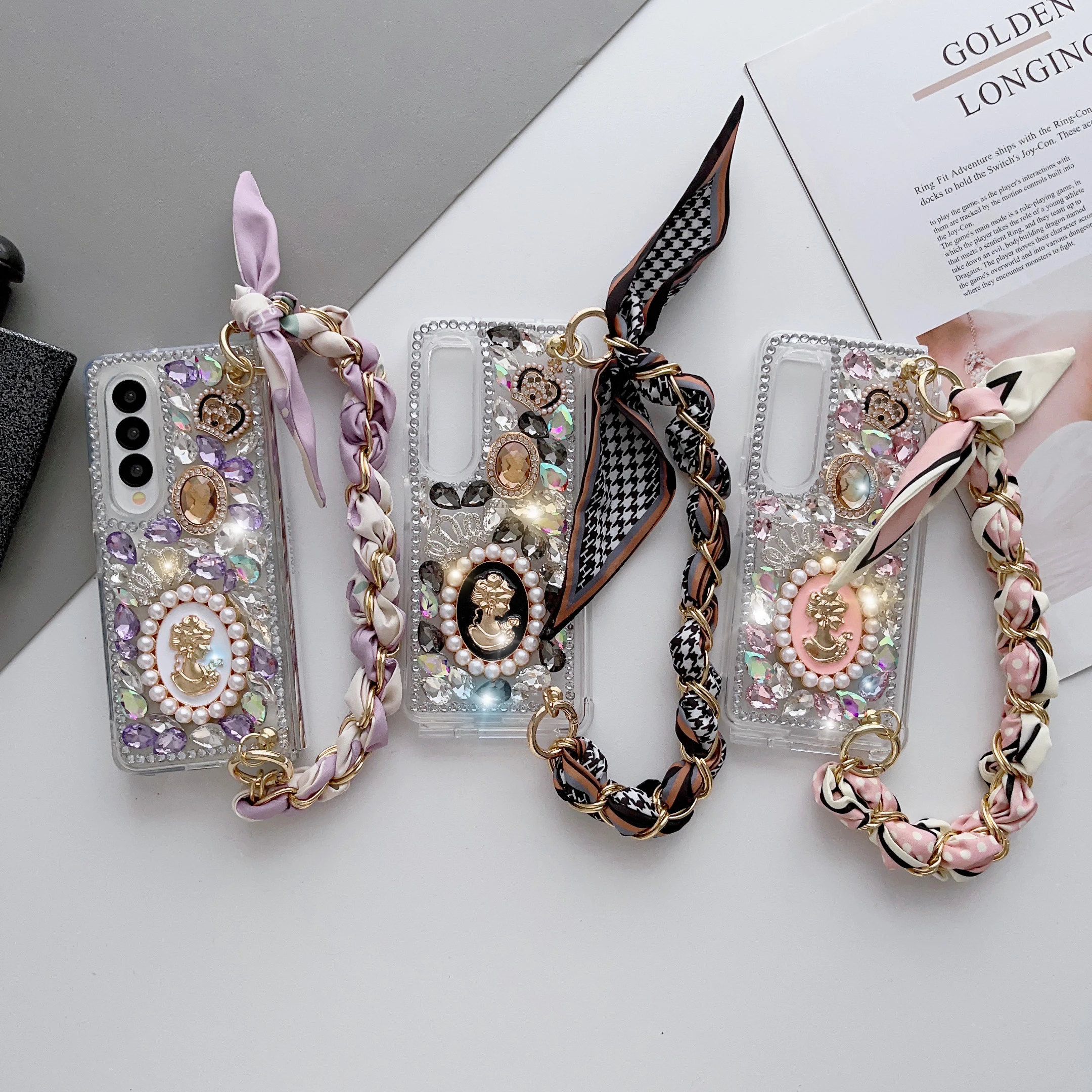 Pearl Relief Goddess Portrait Phone Case For Samsung Galaxy Z Fold 7 6 5 4 Rhinestone Crystal PC Cover With Chain Of Silk Scarve
