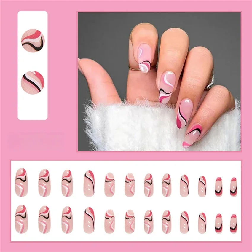 

24Ps/Set Colour Strips Whitening Acrylic Press on Nails Medium Length French Fake Nail Tips Removable Sticky Wearing False Nails