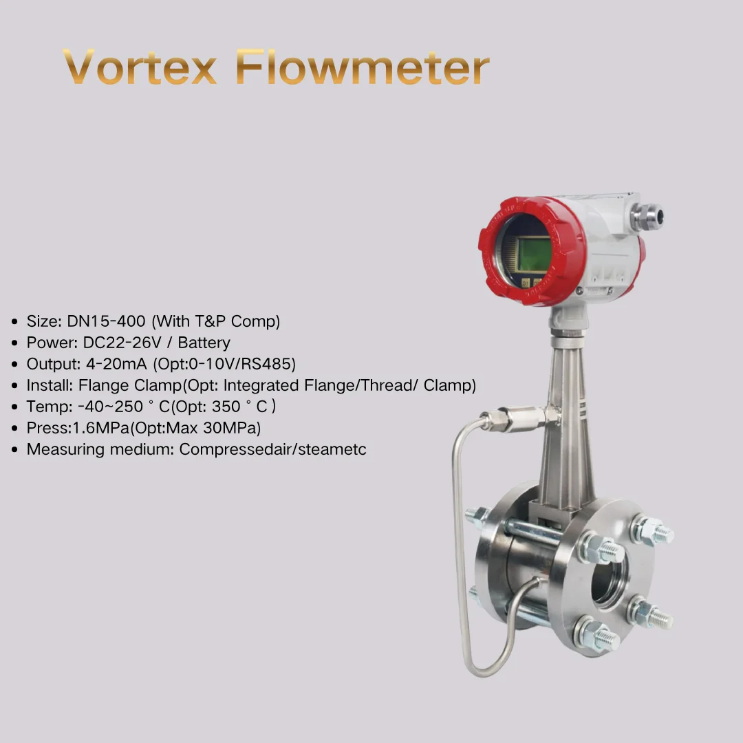 Steam Flow Meter, Vortex Gas Flow Transmitter, Industrial Liquid Vortex Flow Sensor, 4-20mA Output Durable Vortex Gauge for Boil