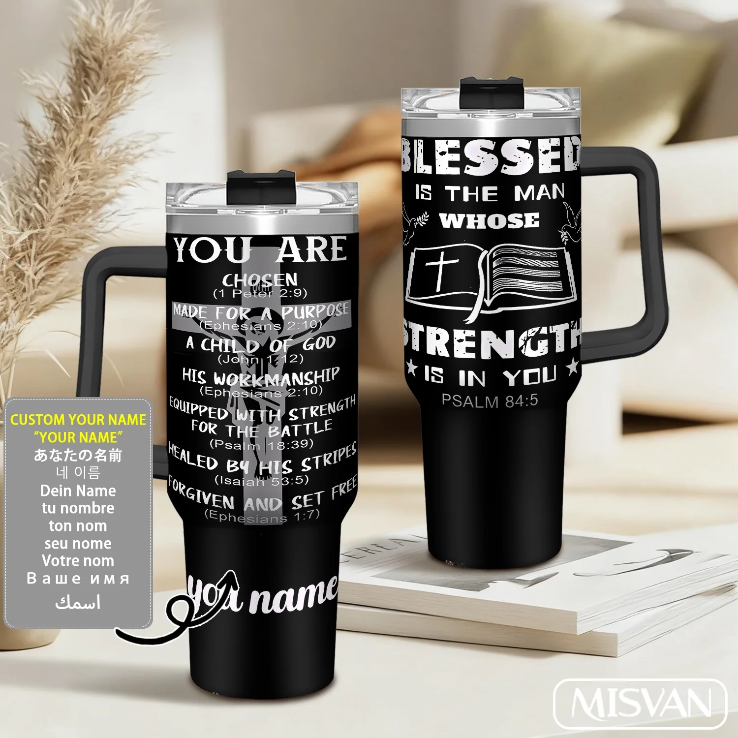 

1 шт., индивидуальное имя на 40 унций, библейские стихи с дизайном креста и голубя. Изолированная чашка из нержавеющей стали. Большая вместимость, портативная для автомобиля, карао