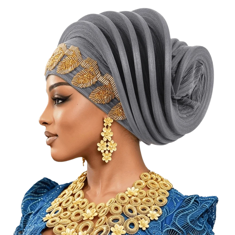 Chic Shiny African Gele Headwrap Polyester Leaf Yoruba Turban Hat Pre-tied Gold Embellished Traditional Headpiece Wedding