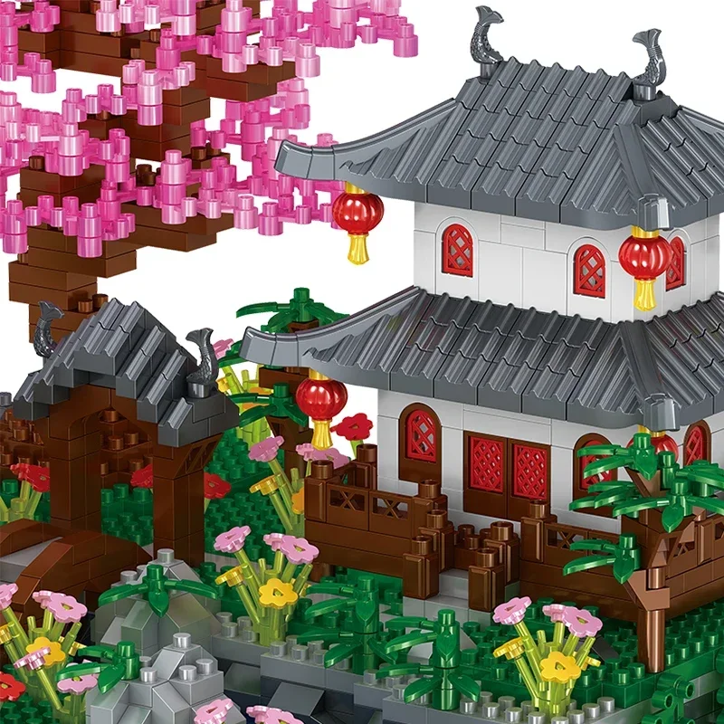 MOC Peach Blossom Pool Cherry Tree House Building Block สถาปัตยกรรมจีน DIY อิฐ Cherry Blossom ของเล่นสําหรับเด็กผู้ใหญ่ของขวัญ