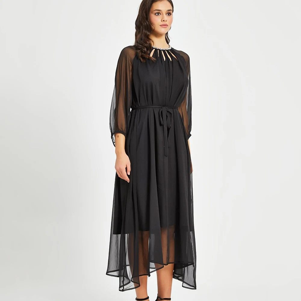 

Customized O-neck With Crystal Draped Evening Dress ILLUSION 3/4 Sleeves Party Dress With Zipper Knee Length Prom Gown For Women