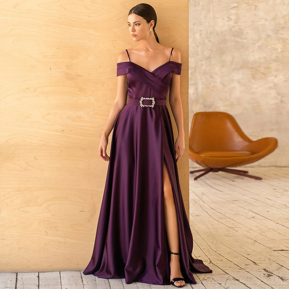 

Elegant Bridesmaid Dress Long Purple Off the Shoulder A Line Spaghetti Straps Belt High Slit Satin Bridesmaid Gowns for Weddings