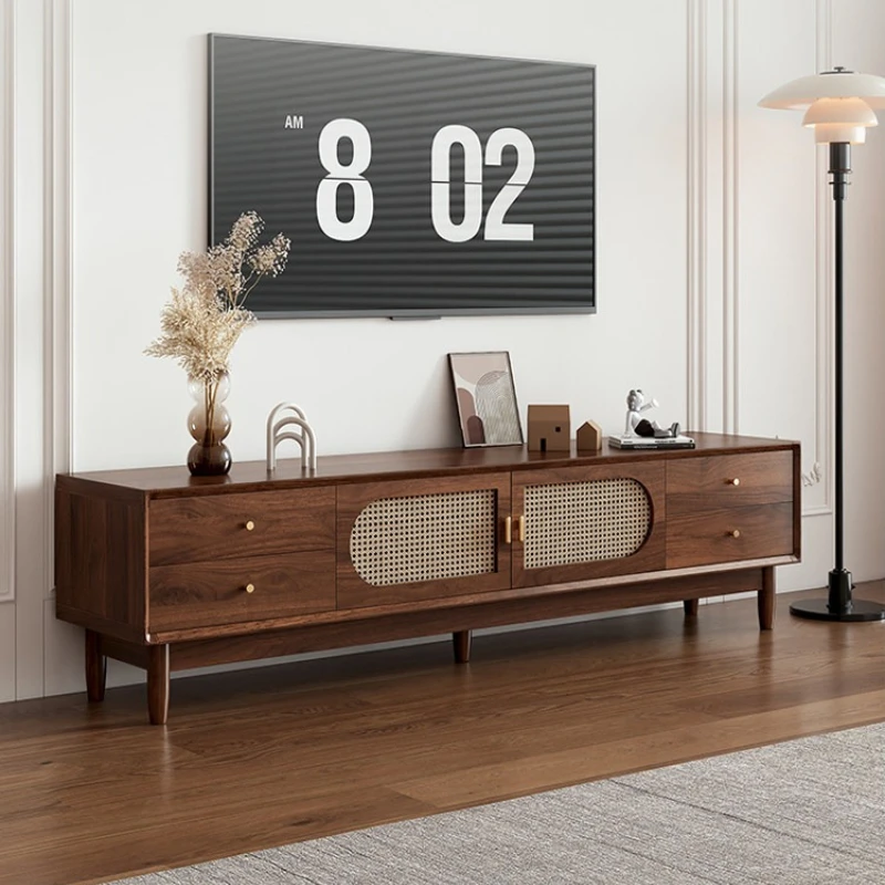 

French retro tv stand rattan solid wood frame multi-functional Tv cabinet storage cabinet meuble télé living room furniture