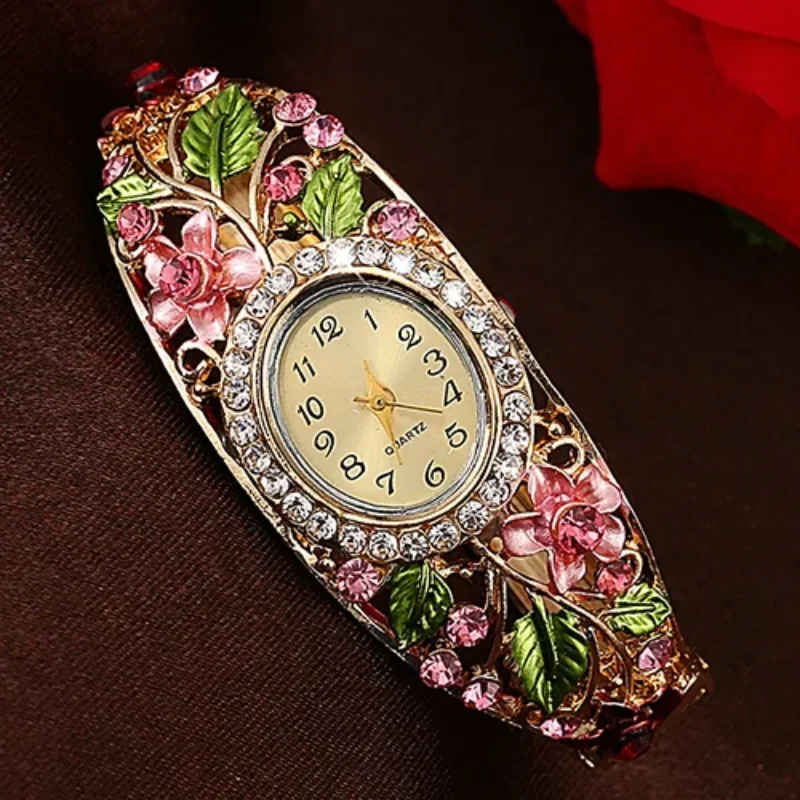 Women Lady Beauty Crystal Colored Alloy Flower Bangle Bracelet Gold Watch Analog Quartz Classic Dress Wristwatch Fashio