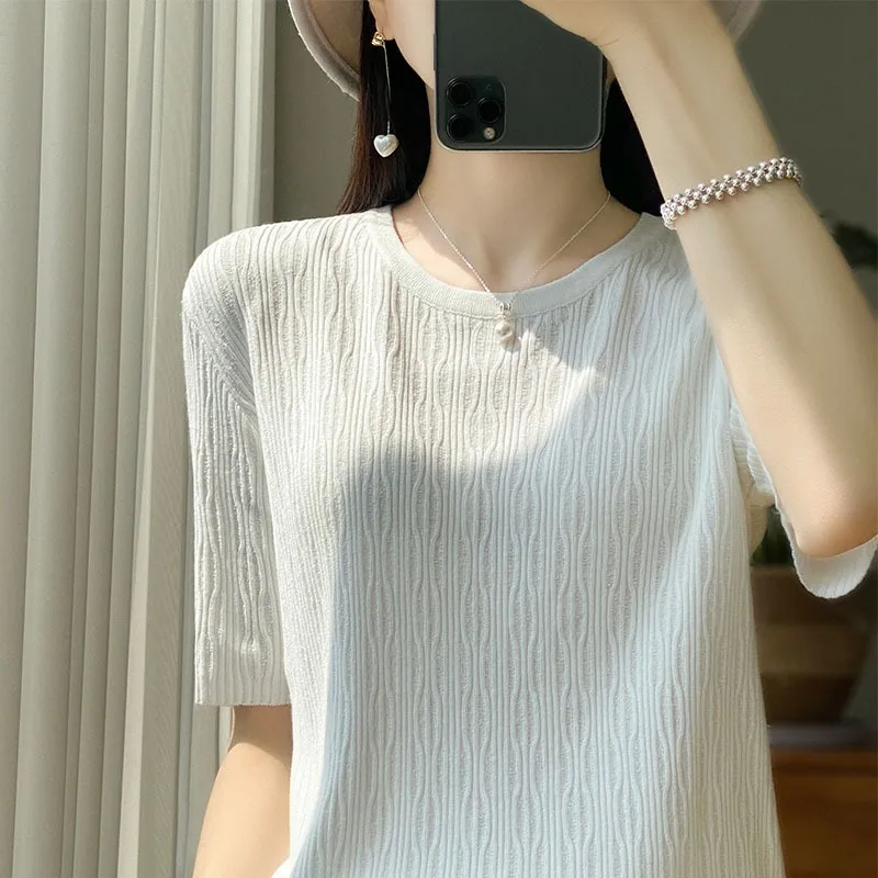 

Ice Silk Knitted ort Sve Women's Top Hollow out Thin Summer Base irt Korean Sle Commute Faion Pure Color Loose Fit