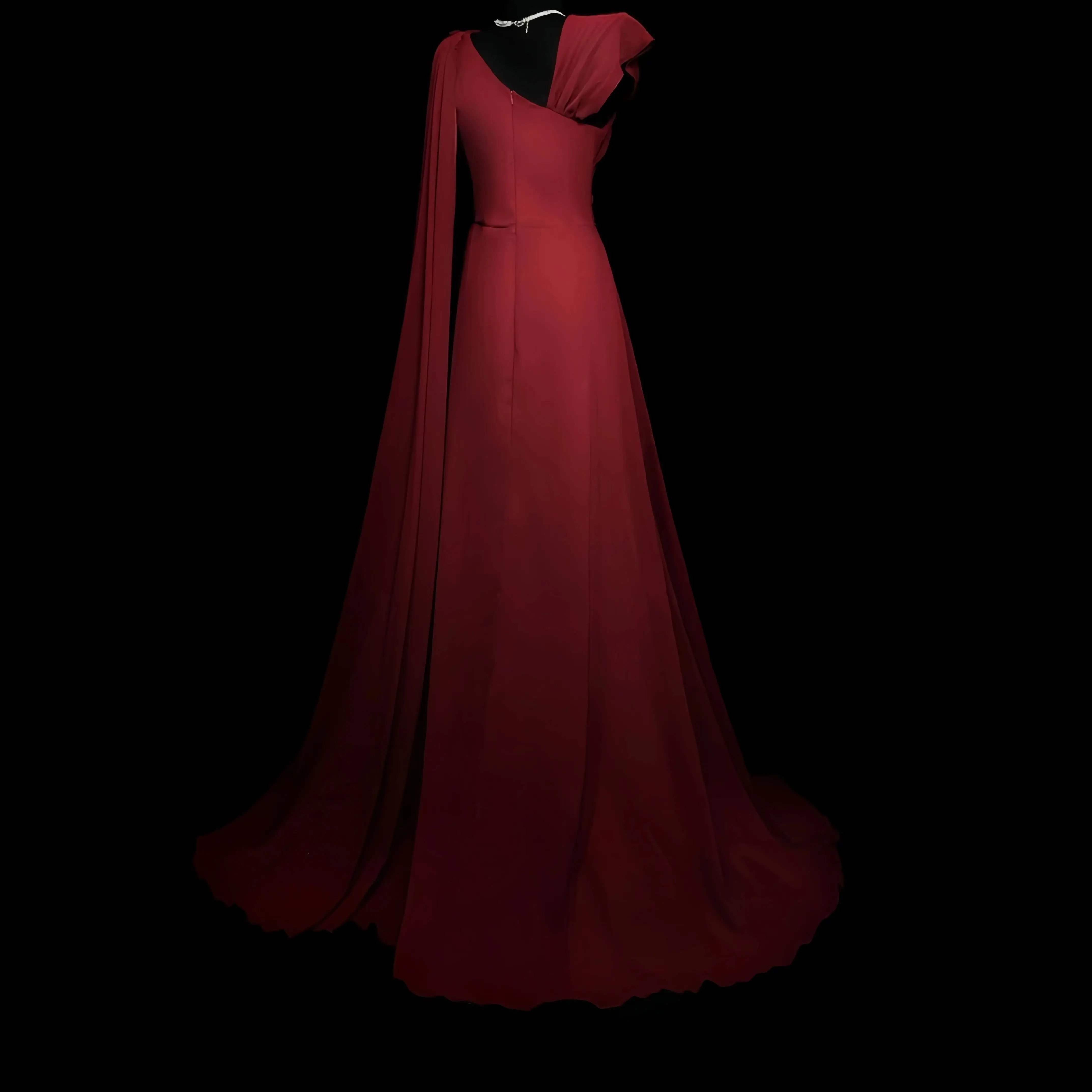 럭셔리 신상 이브닝 드레스 딥 레드 싱글 숄더 롱 드레스 불규칙 주름 벨트 디자인 여성 연회복