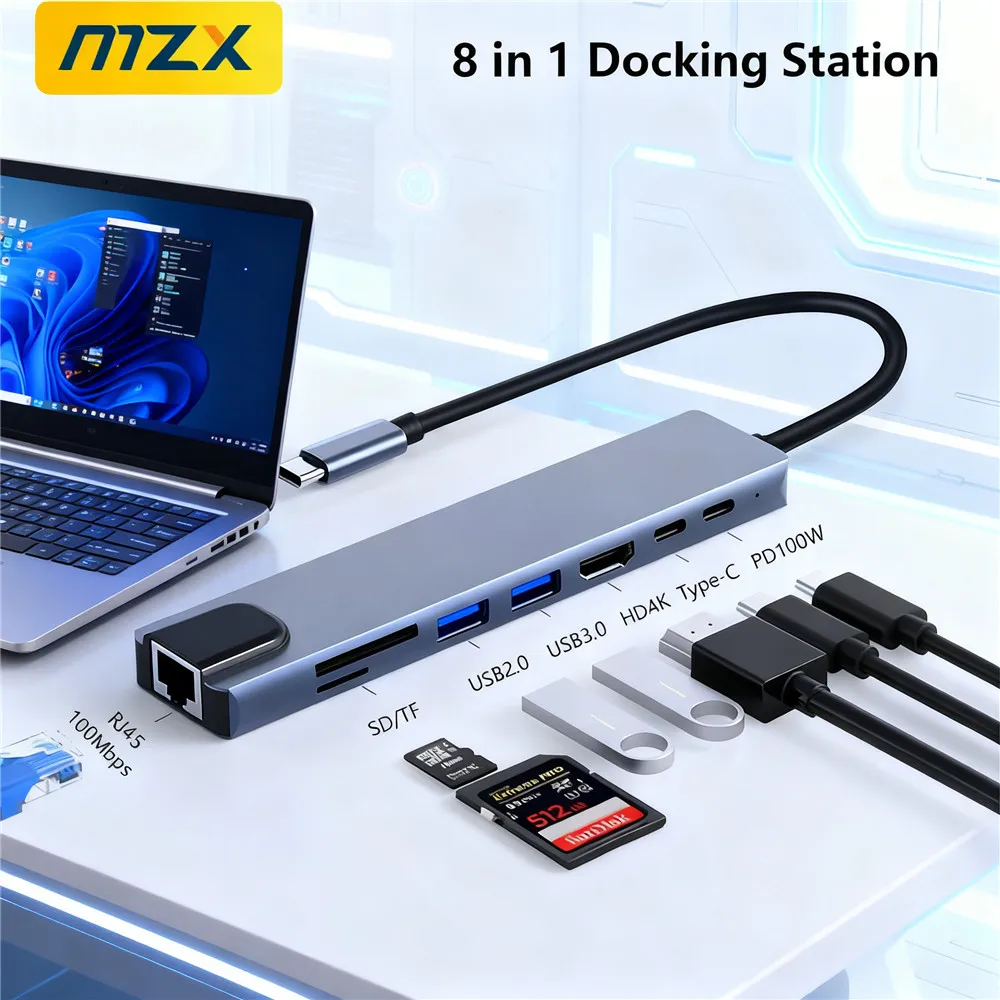 8-in-1 USB C Docking Station Hub 3 0 Type A Concentrator 4K HDMI-Compatible HDTV RJ45 SD TF Card Reader Dock Laptop Accessories