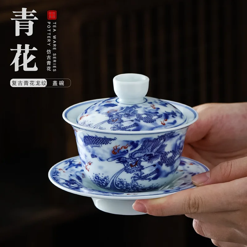 Chinese Retro Sancai Gaiwan Blue and White Tea Tureen Ceramic Teaware Tea Cup Set Handmade Porcelain Gongfu Tea Bowl Cups