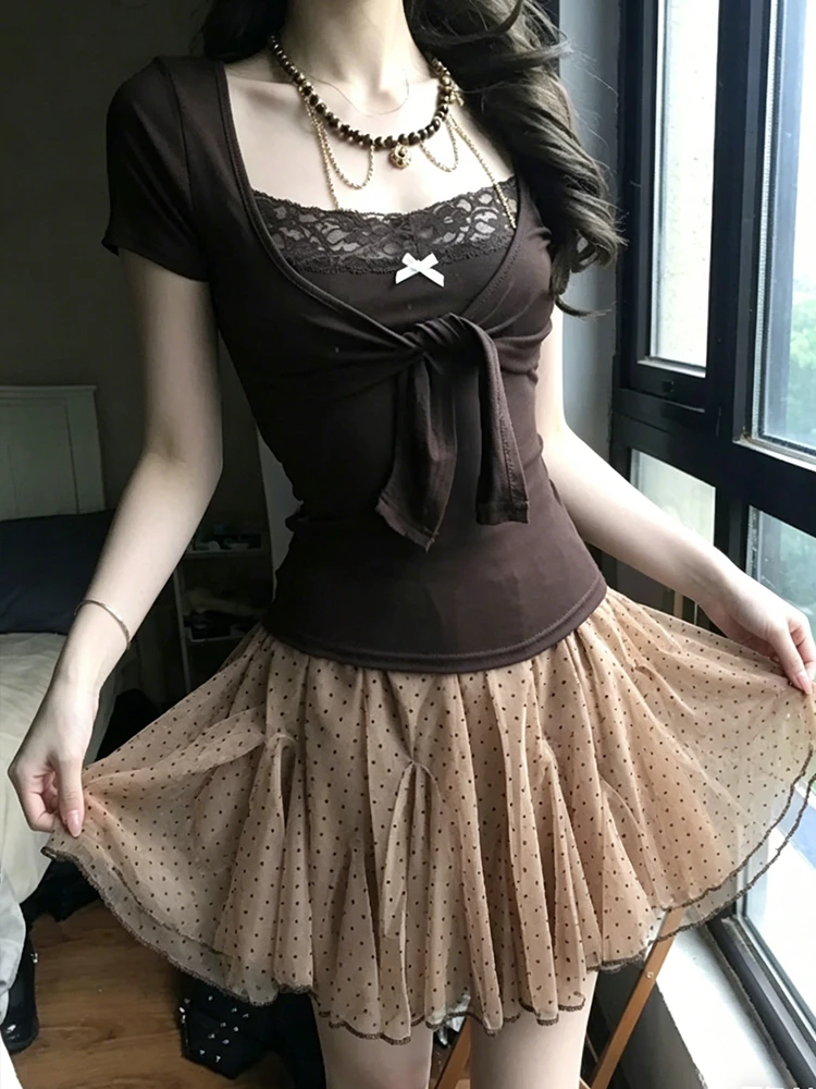 Genayooa Japanische Y2k Zweiteilige Oberteile für Damen, kurzärmelig, Spitze, Patchwork, Camis + Schnür-Smock, Fairycore 2000er-Jahre-T-Shirt-Oberteile, E-Girls – Detail 8