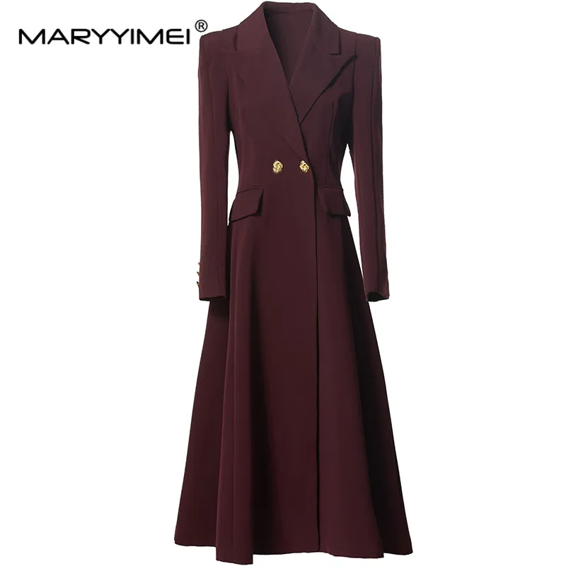 MARYYIMEI Autumn and winter New Style plain color Coat Women Notched Long Sleeved Double-Button Vintage Elegant Overcoat