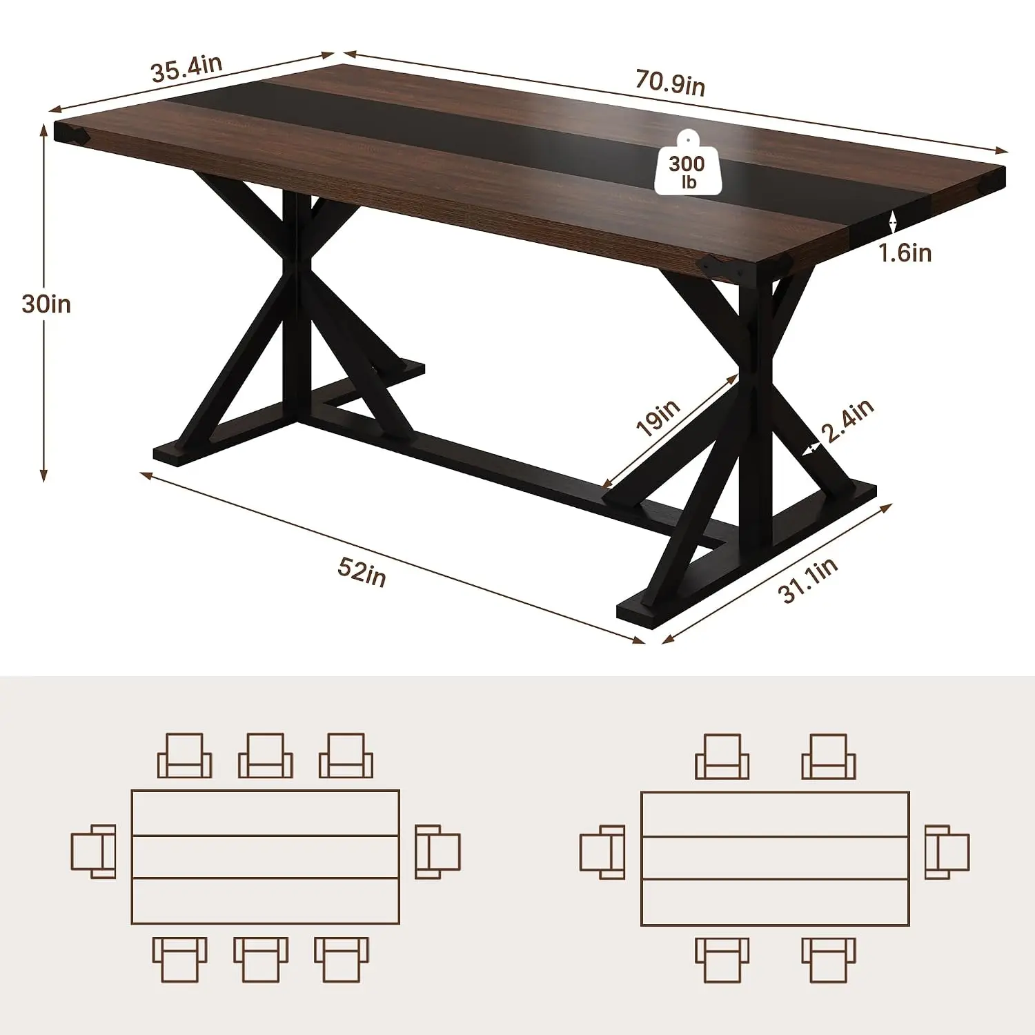 71 Inch Rectangular Dining Table for 6, Waterproof Wood Top with Strip Base for Kitchen Living Room, Brown & Black, Customized
