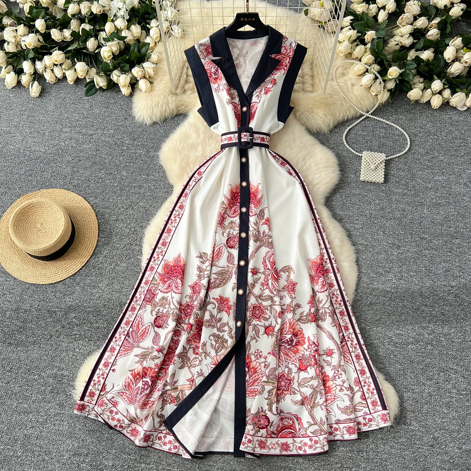 Elegant Print Single Breasted Sashes Vintage Notched Collar Sleeveless Slim Long Dresses Fashion Evening High Street Clothing