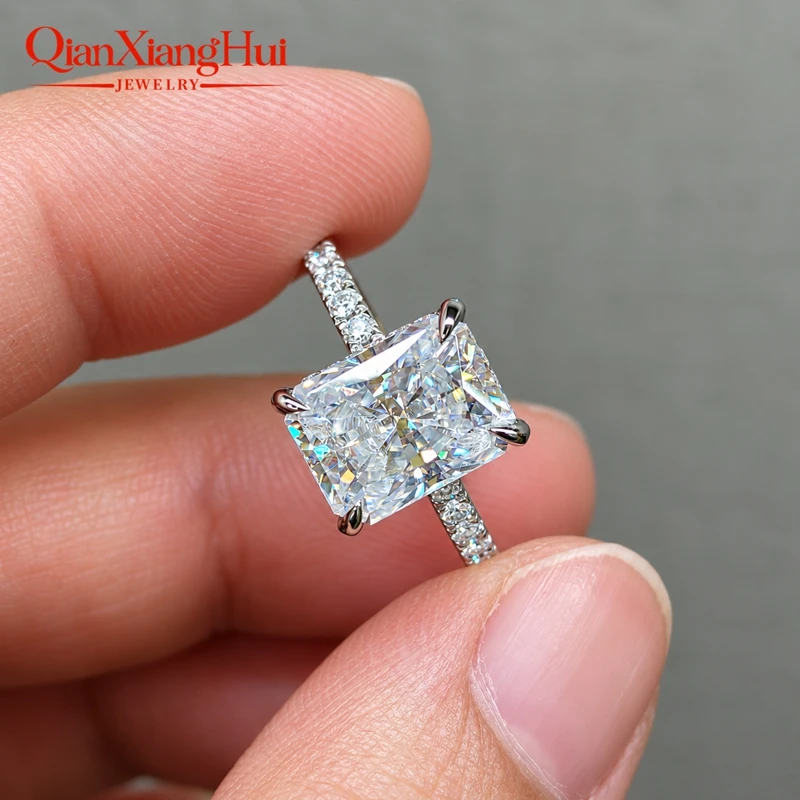 3ct Radiant Cut D Color VVS Moissanite Half Eternity Ring 7x9mm 925 Sterling Silver Prong Set Engagement Band for Women