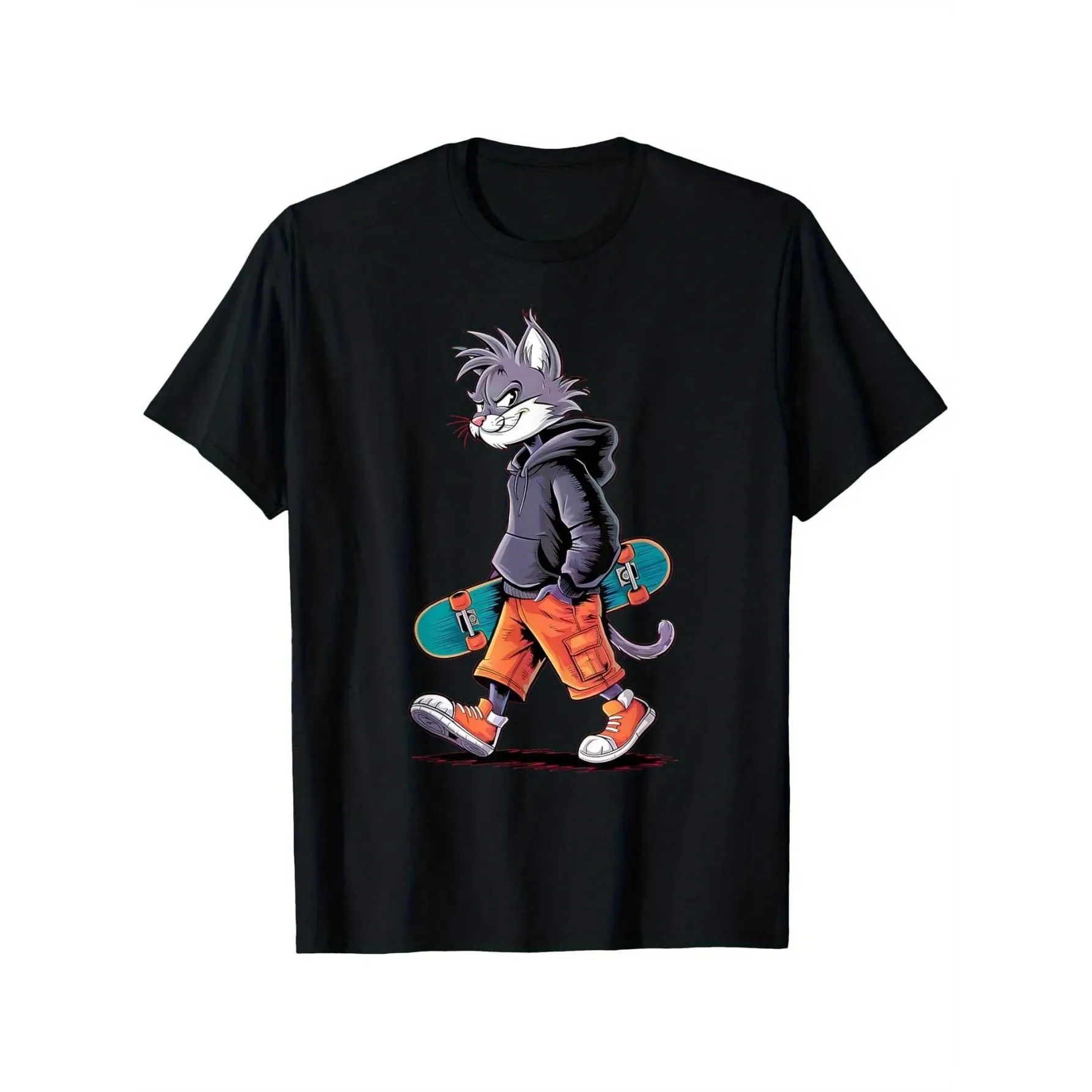 

Skater Cat Graphic Tee Streetwear Cartoon Print Casual Cotton Round Neck T-Shirt for Men