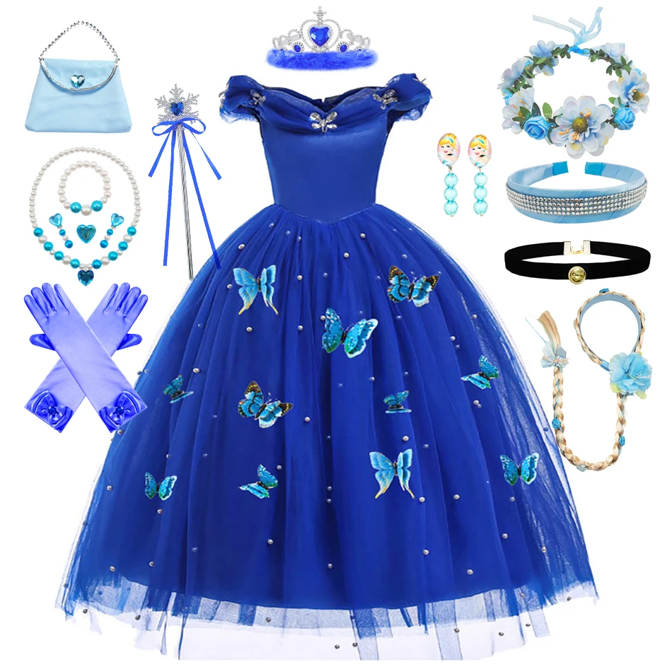 

Cinderella Cosplay Princess Dress Up Kids Birthday Party Girls Christmas Costume Kids Butterflies Sleeveless Party Fluffy Dress