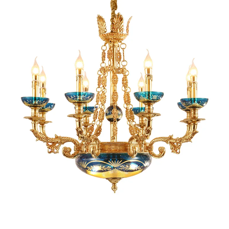 

French Style Golden Copper Candle Chandelier European Green Glass Lampshade Brass Pendant Light For Home Living Room