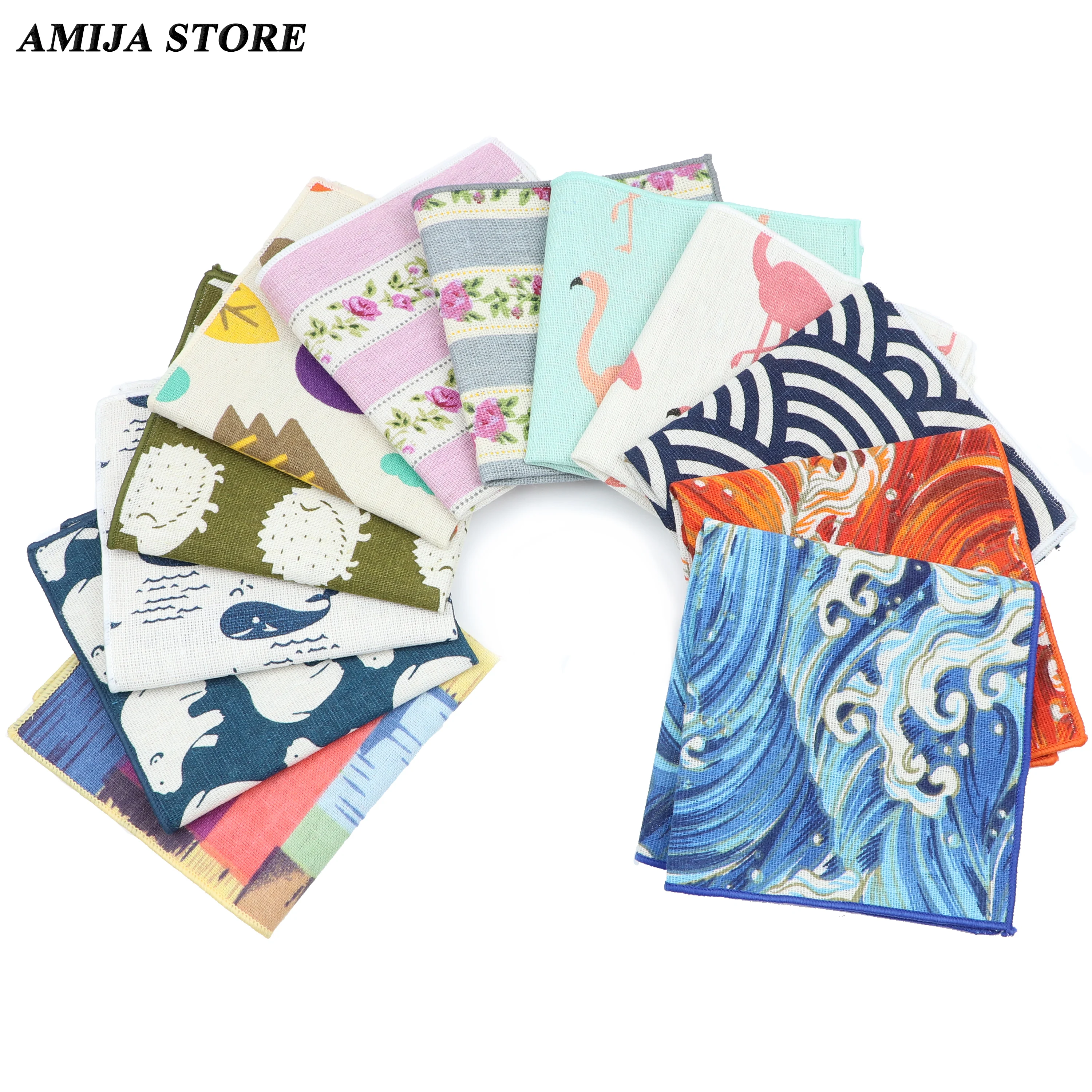 High Quality Cute Linen Cartoon Handkerchief For Men Cat Polar Bear Watermelon Wave Printed Pocket Square Funny Hanky Accessorie