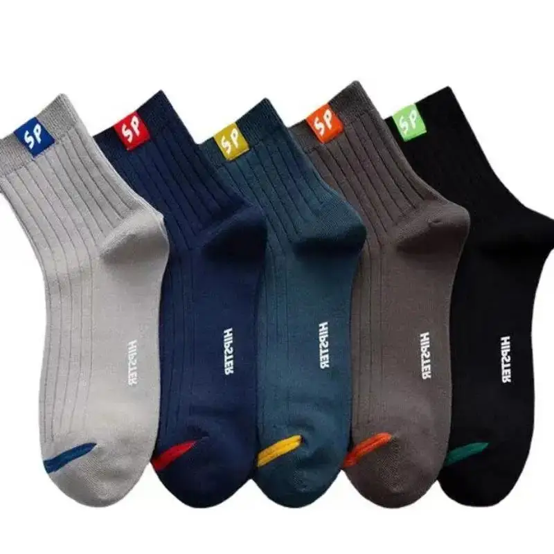 5pairs Men\'s Letters Print Fashion Sports Socks, Breathable Breathable Sweat-absorbent Odor-resistant Crew Socks, Men\'s Socks