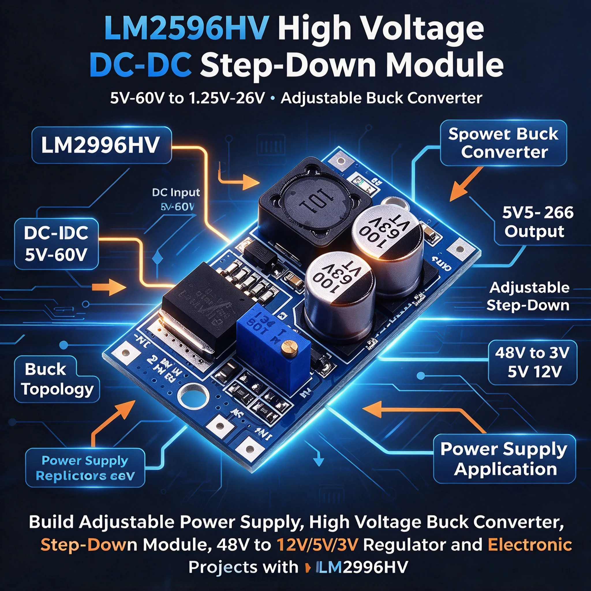 20Pcs LM2596HV DC-DC Buck Converter 5V-60V to 1.25V-26V Adjustable Step-Down Power Module 48V to 3V 5V 12V