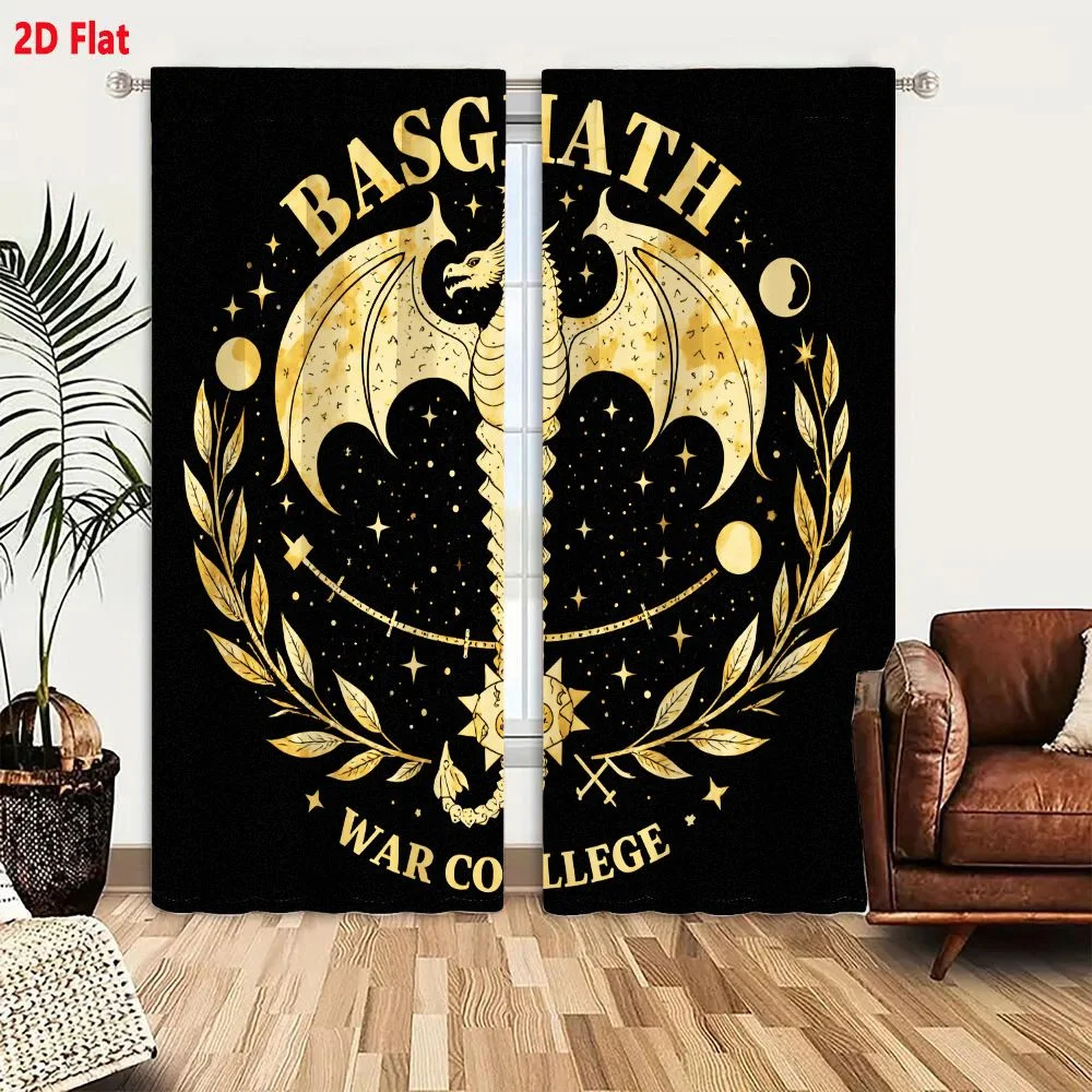 2Pcs Curtains 2D Flat Black Background Golden Ornate Emblem Winged Dragon-Like Creature With Braided Body Stars Celestial Symbol