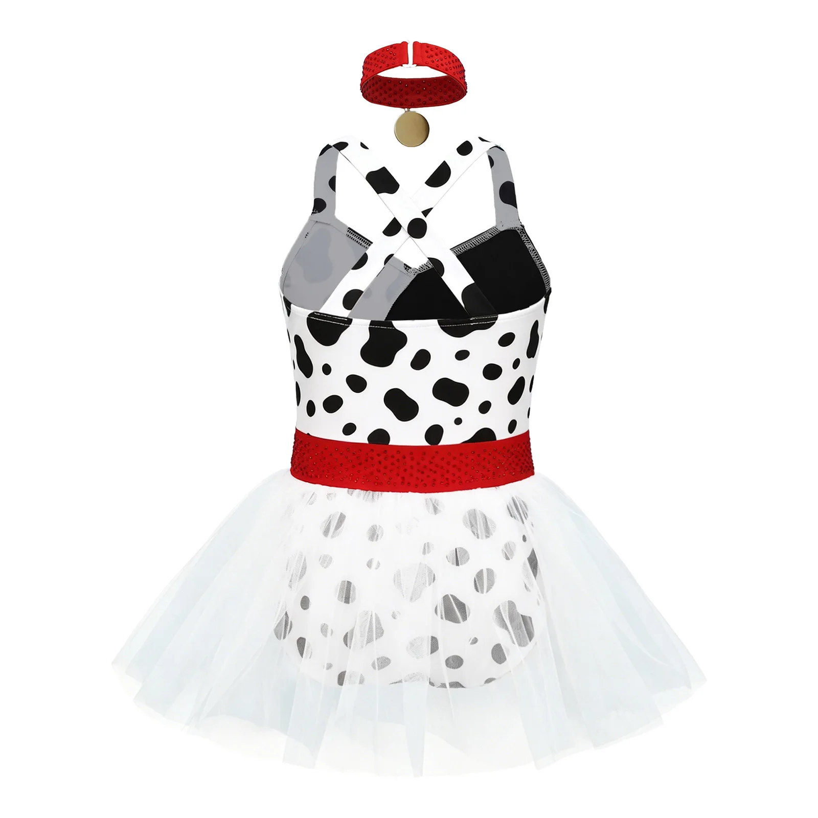 Kids Girls Dalmatians Tutu Dress Rhinestones Black Spot-printed Tulle Leotard Dress Movie Character Halloween Princess Dress Up