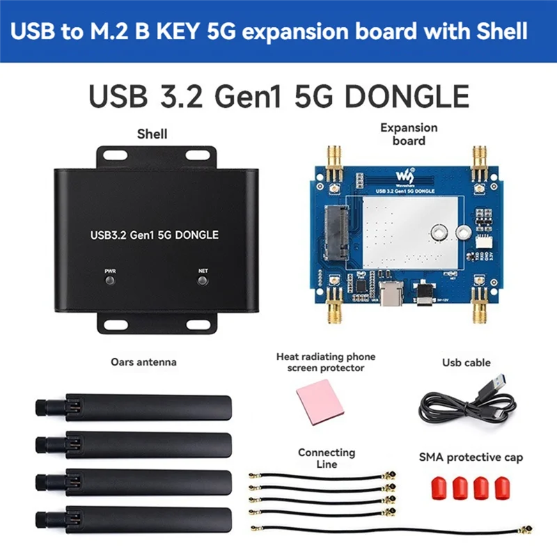 

Waveshare USB 3.2 Gen1 5G DONGLE Expansion Board With 4 Antennas Aluminum Alloy Shell Supports M.2 Key B Interface-ABIU