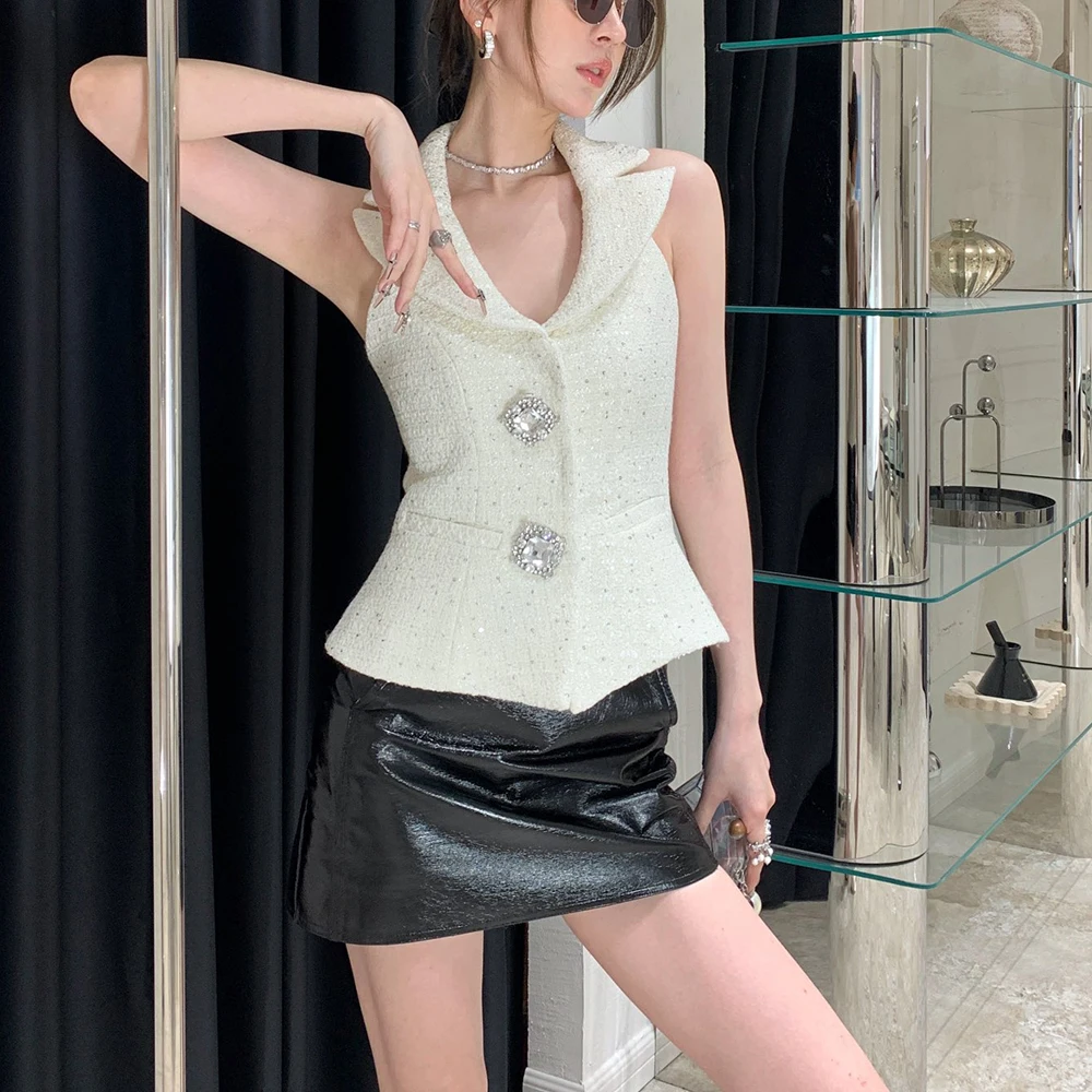 

2024 Spring New Women Tank Top Y2k Tweed High Quality Drill Button Decoration Sequins Backless Neck Hanging Lapel Sleeveless Top