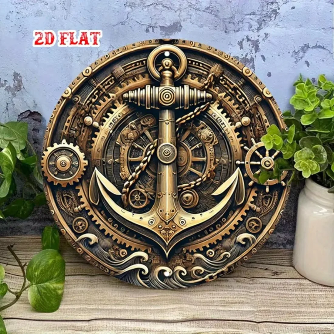 Blue Bronze Steampunk Anchor Vintage Round Metal Wall Sign,Frameless Gear Design Nautical Wall Ornament for Living Room.