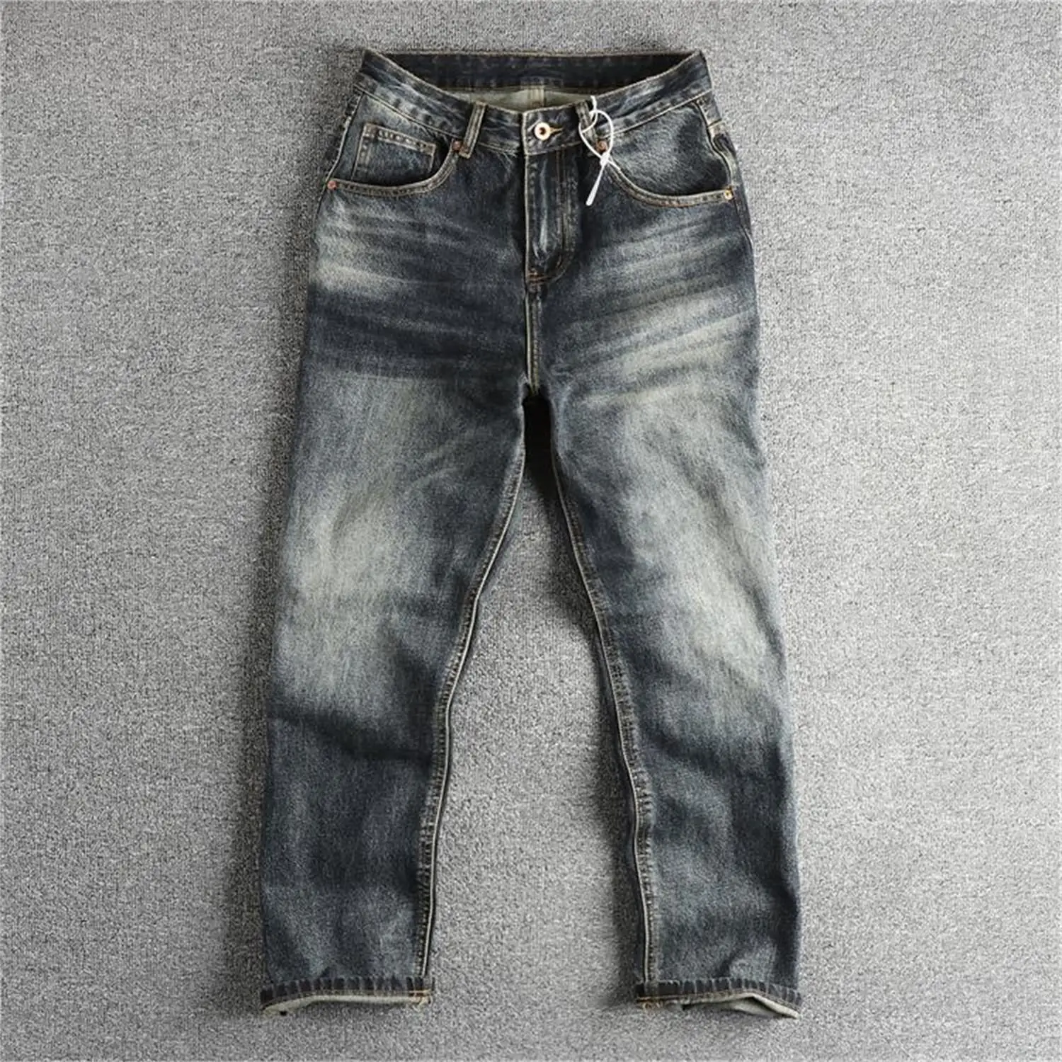 

Мужские потертые сине-серые джинсы с камнями, американские модные свободные брюки прямого кроя с драпировкой для молодежи