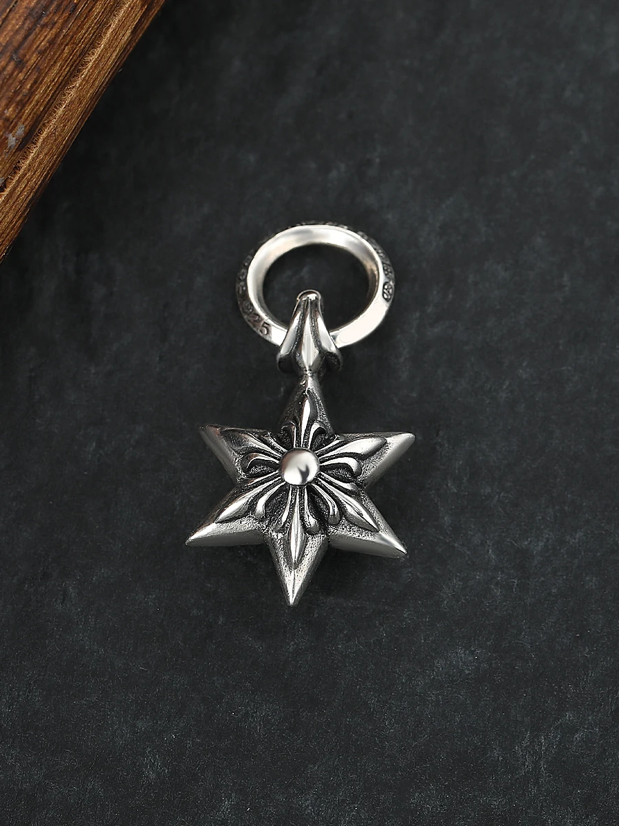 Six-pointed star small pendant men's and women punk stylish 925 sterling silver retro necklace pendant silver jewelry gift