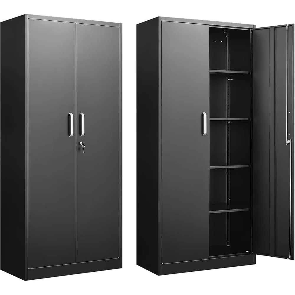 Metal Storage Cabinet Lockable Garage Kitchen Pantry Adjustable Shelves Heavy Duty Organization Tools Storage Clutter-Free