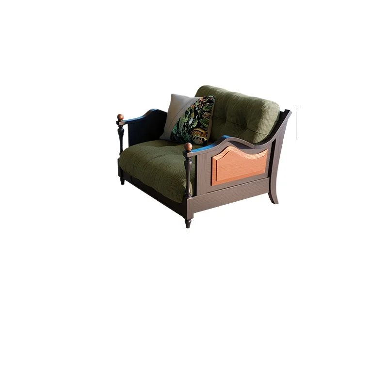 

French retro solid wood sofa living room American furniture, medieval green fabric three-person sofa