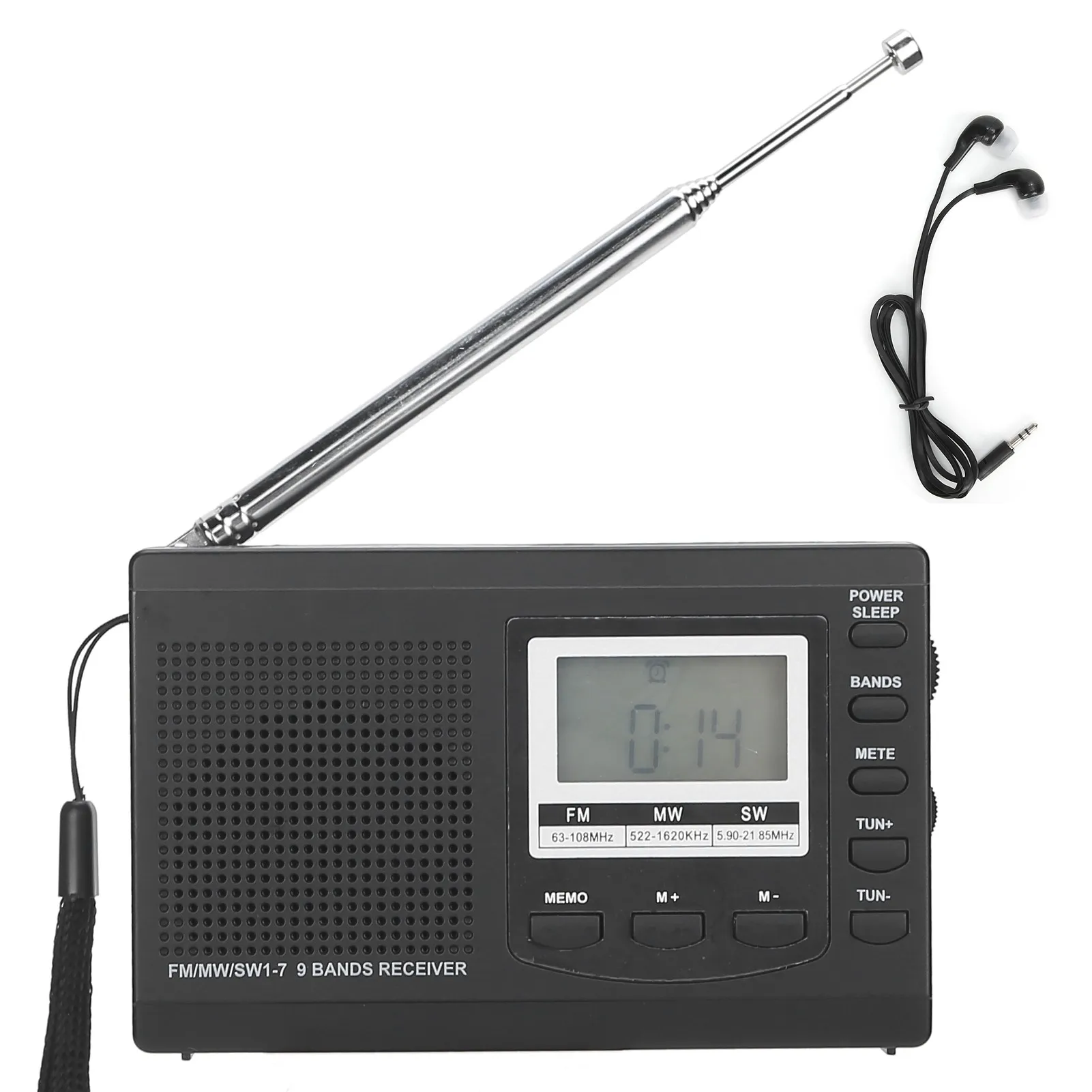 HRD‑310 Portable Radio Mini Stereo FM/MW/SW Receiver with Digital Clock 3.5mm Earphone