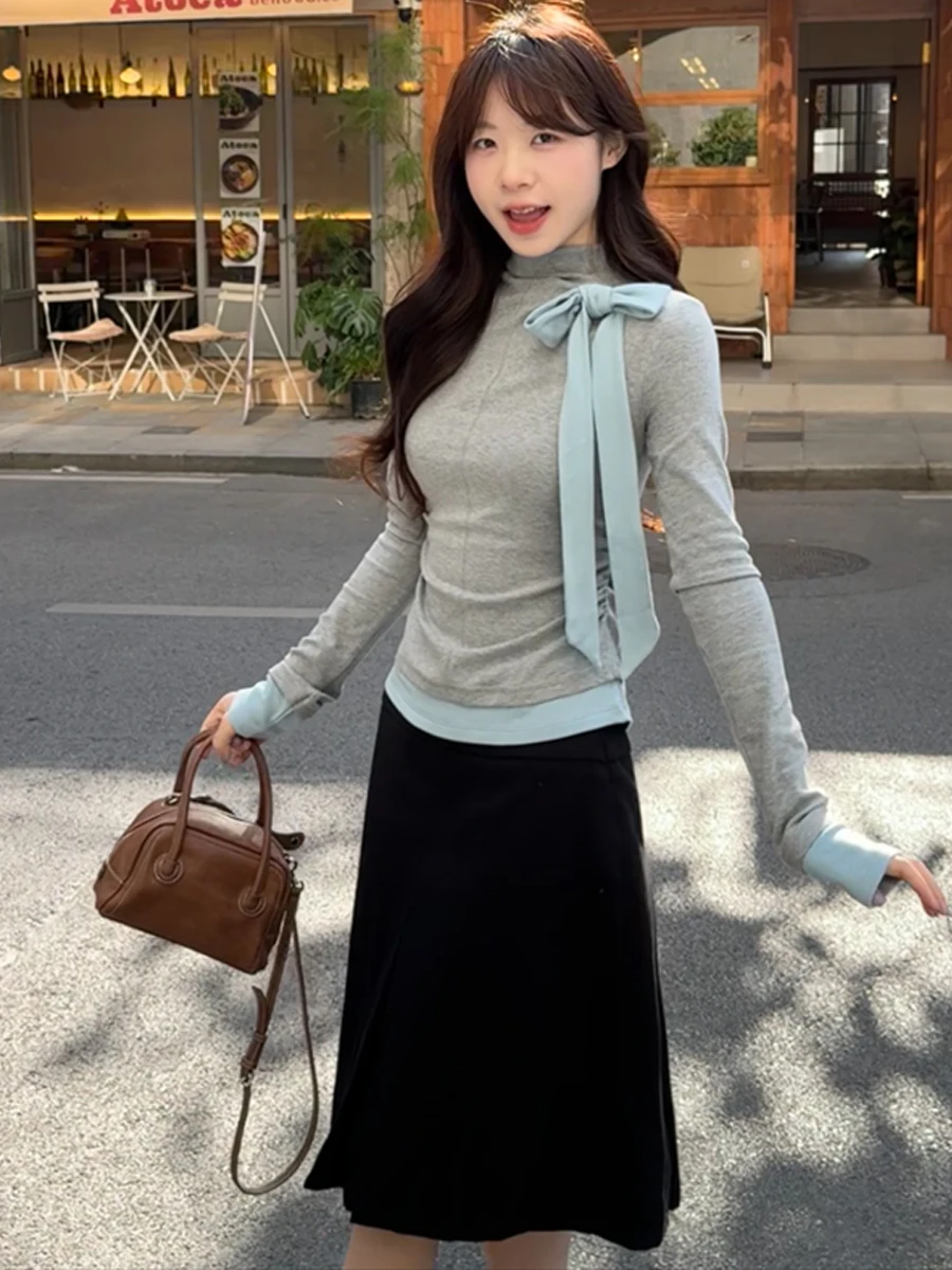 Early Autumn Korean Style Fashionable Color Block Long Sleeve round Neck Brushed Knitted Top  Knot Slimming Base Layer
