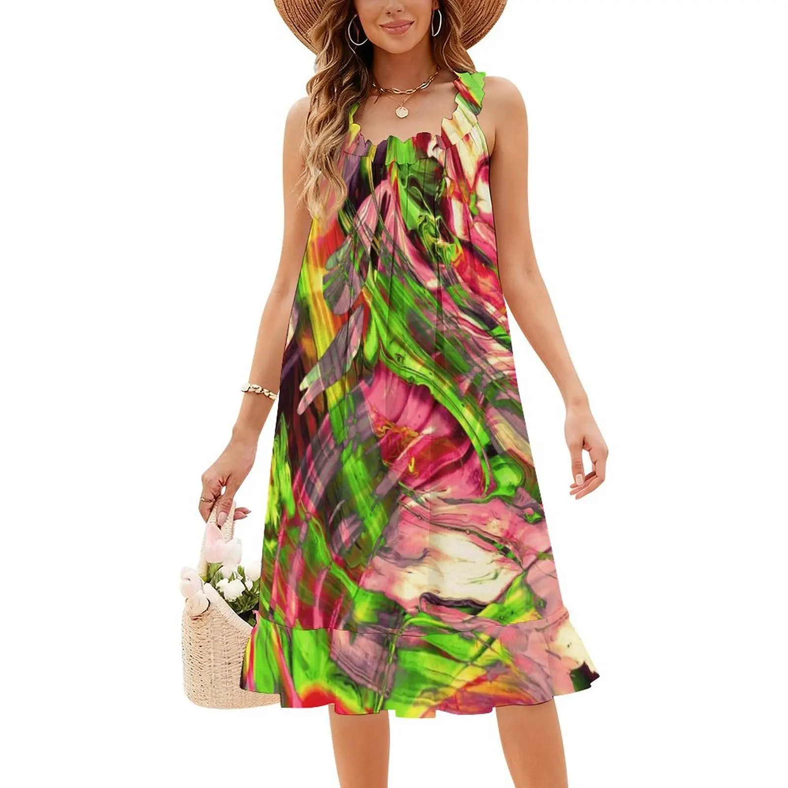 Lukisan Abstrak Berwarna-warni I Gaun Liburan Seksi Untuk Wanita Pesta Pantai Gaun Mini Ulang Tahun Lukisan Abstrak Akrilik