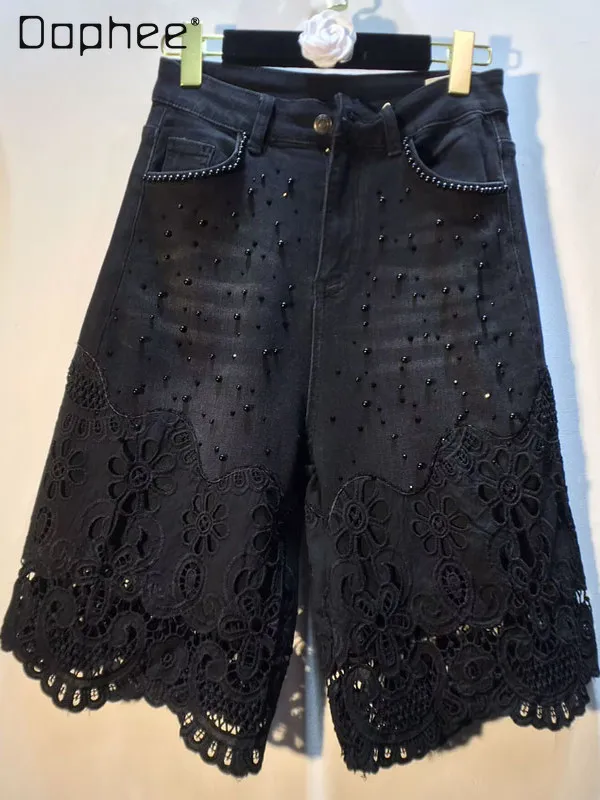 

European Station High End Retro Embroidery Flower Lace Splicing Bead Hot Diamond Jeans Women High Waist Slim Elastic Jean Shorts