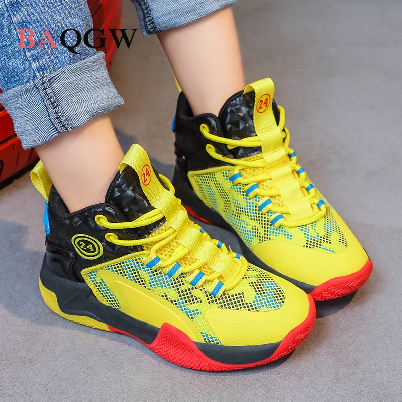 Children\'s Sport Basketball Shoes Mesh Breathable Non-slip Boy Girl School Training High Top Sneakers Stretch Fashion Lace-up