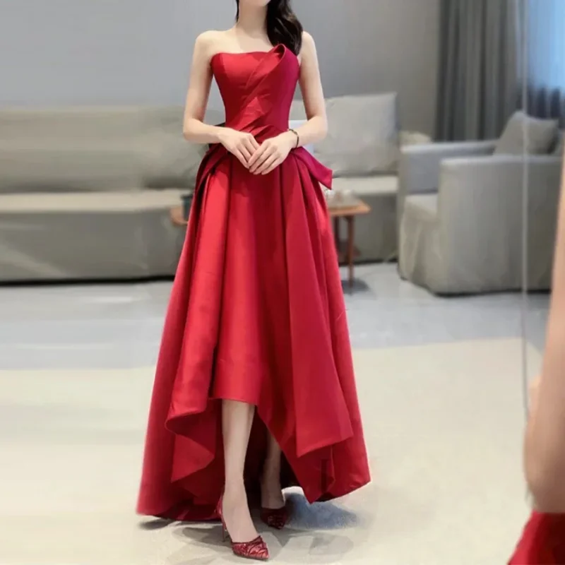 Customized Elegant Strapless Wedding Dress Slim Waist Red Temperament Prom Vestidos Luxury Pleat Robe 2024 Summer Chic Draped Dr