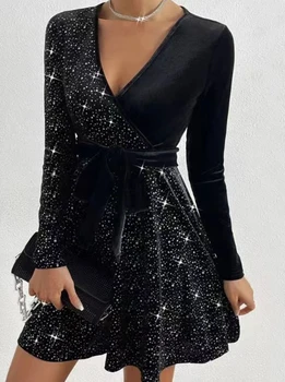 Image Women 2023 Hot Selling Skinny Temperament Dress Sexy Elegant Party Short Skirt V-Neck Wrap Hip Irregular Sequin Autumn Clothing