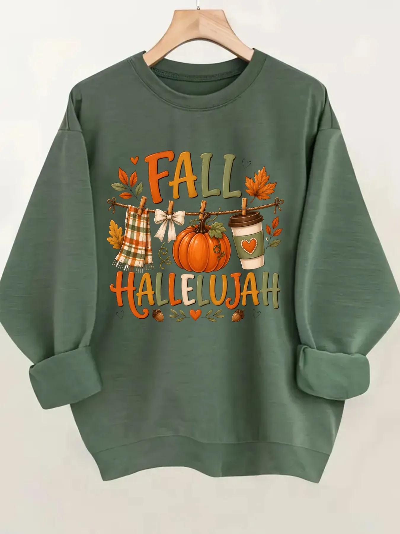 Women's Crew Neck Pullover Sweatshirt Fall Hallelujah Print Design, Soft Casual Long Sleeve, Daily Casual Top Outfit, Winter Women's Clothing, Thanksgiving Outfit