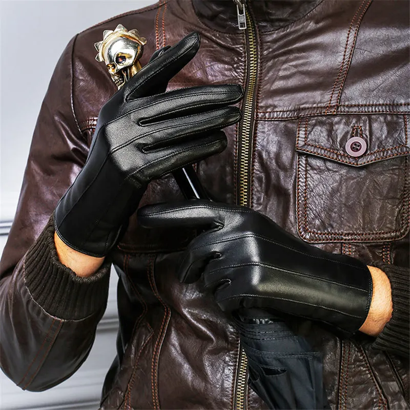 Autumn Winter Real Leather Men Gloves Plus Velvet Thicken Fashion Black Thermal Lambskin Driving Gloves Male XC-109-2