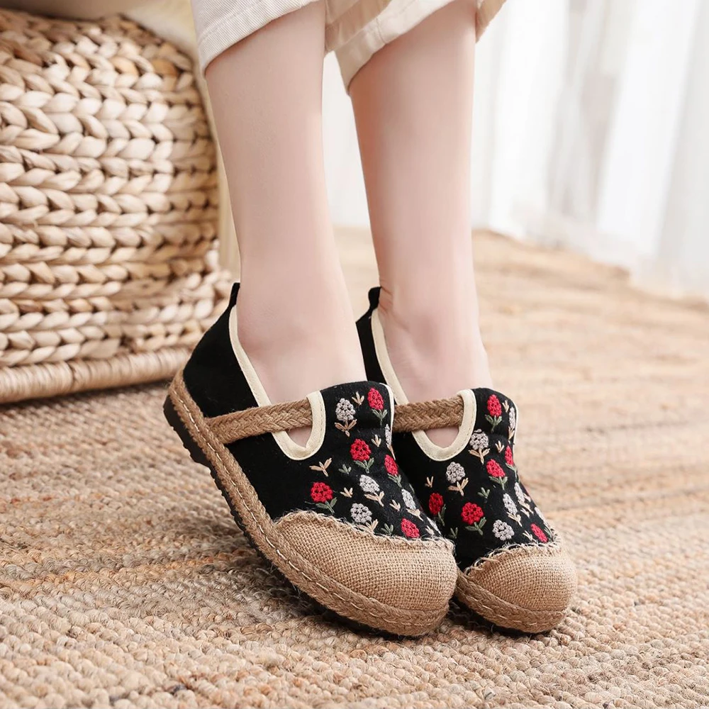 Veowalk Flower Embroidered Women Handmade Linen Cotton Espadrilles Loafers Non-Slippery Comfortable Slip On Sneakers Shoes