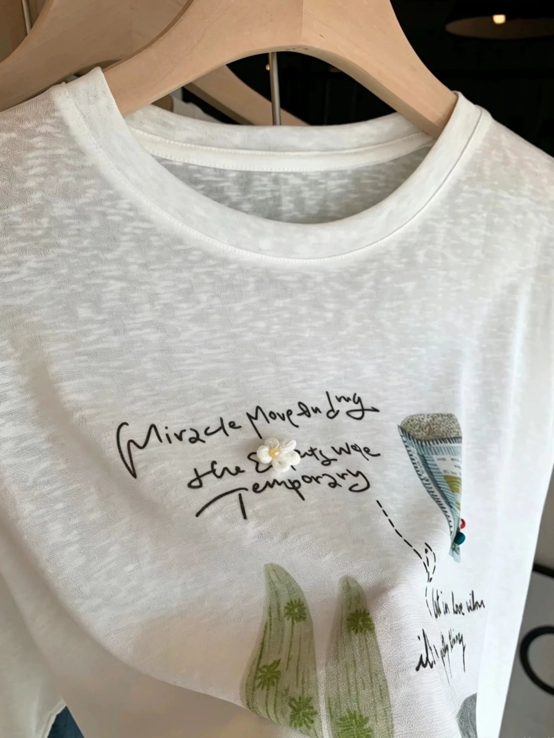 East Gate Printing White Snowflake Cotton T-Shirt Women's Summer Thin Micro Permeable Cool Loose Sun Protection Shirt