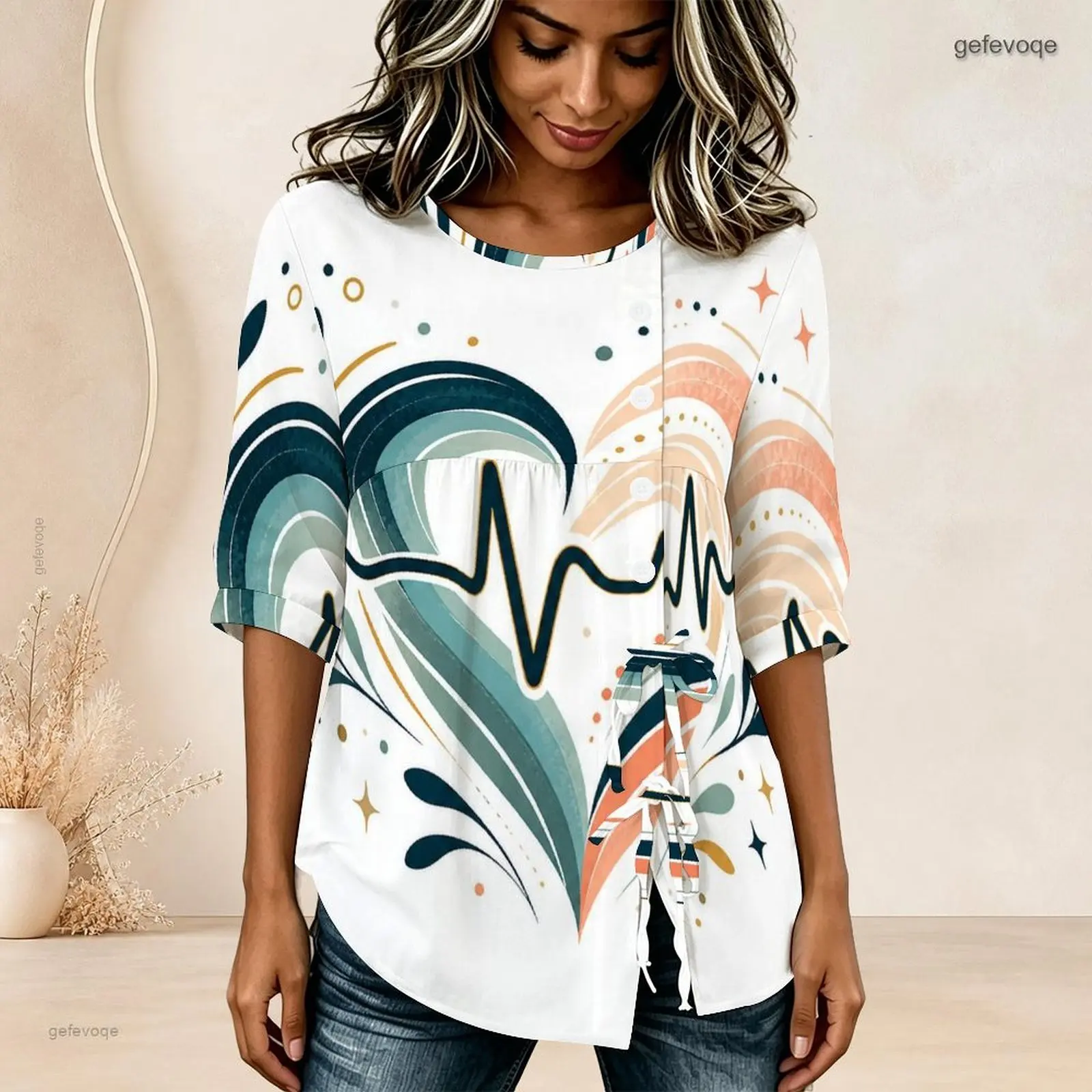 Women Blouse with Print Round Neck Half Sleeve Gathered Front Button Detail Tie Hem