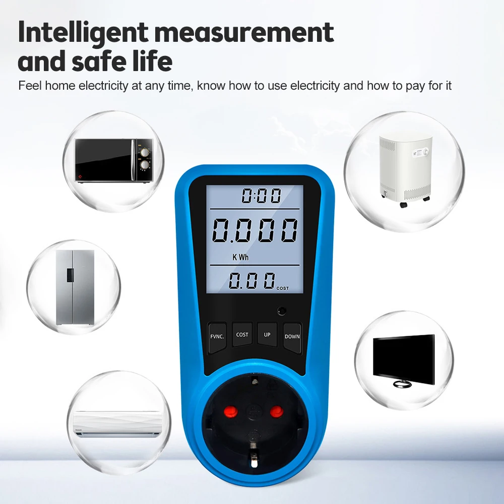 EU Plug Socket Digital Current Meter Voltmeter AC Power Meter 0V-9999V 0W-3680W Time Watt Power Energy Tester Wattmeter US UK AU