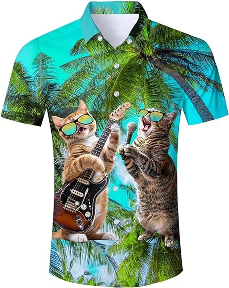 Tropical Palm Tree 3D Printing Shirts Mens Funny Hawaiian Shirt Fashion Casual Breathable Button Short Sleeve Guitar Cat Blouse